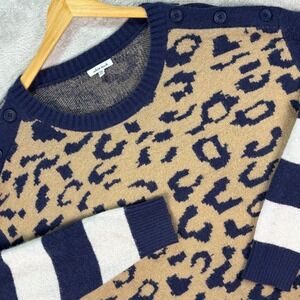White Birch Women's Sweater Tan Navy Leopard Stripe‎ Button Shoulder Sz 2XL